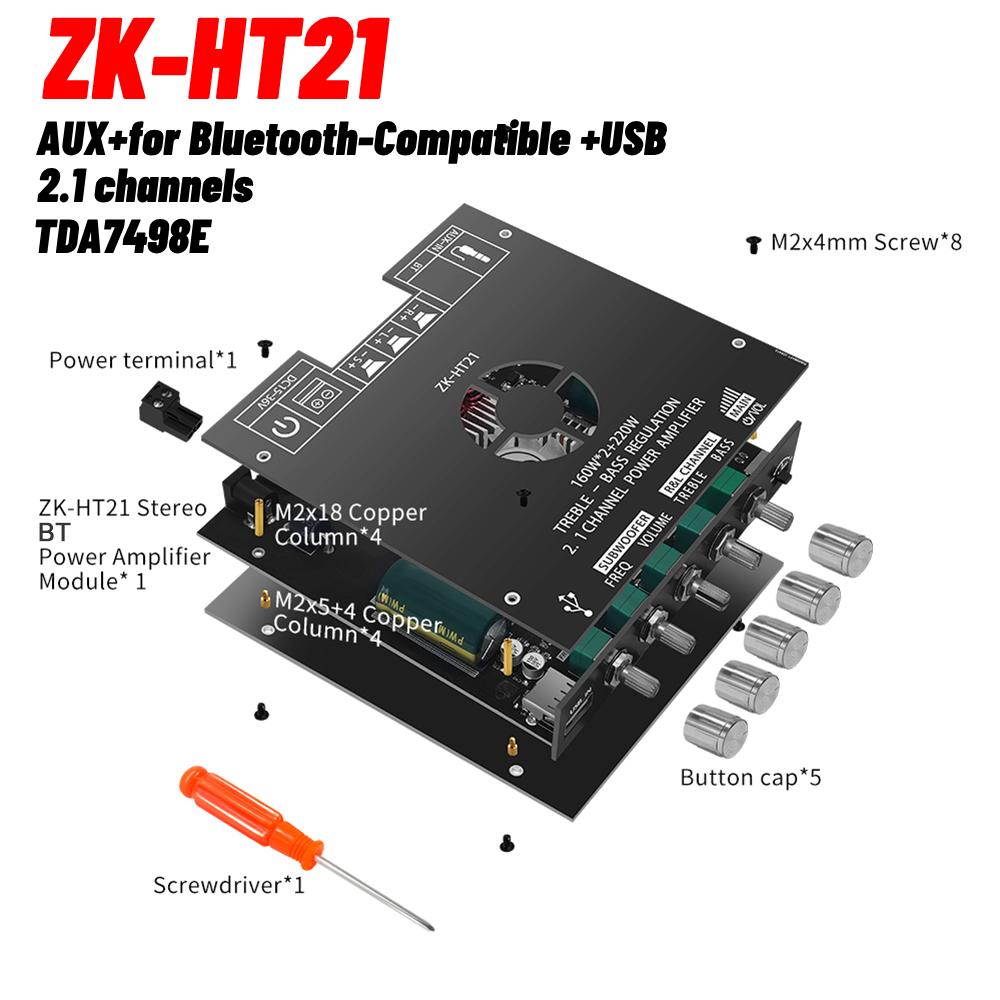 ZK-HT21 Upgrade 2*160W+220W HIFI Audio 2.1 Channel Subwoofer BT Power Amplifier Board TDA7498E AMP Treble Bass Wuzhi Audio