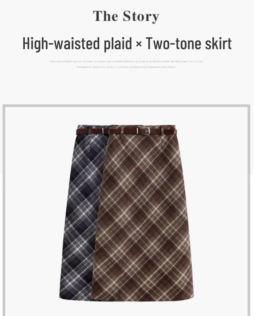 Melanoid Retro Plaid High-Waist Wool Skirt - Women's Trendy Slimming Comfort for Spring/Autumn 2026