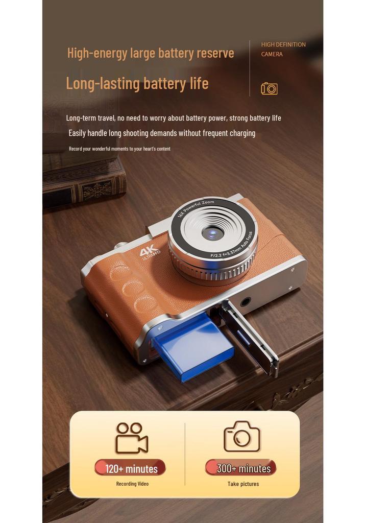 4K HD Retro Digital Camera, 64MP, Dual Lens, 16x Optical Zoom, Ideal for Student Photography