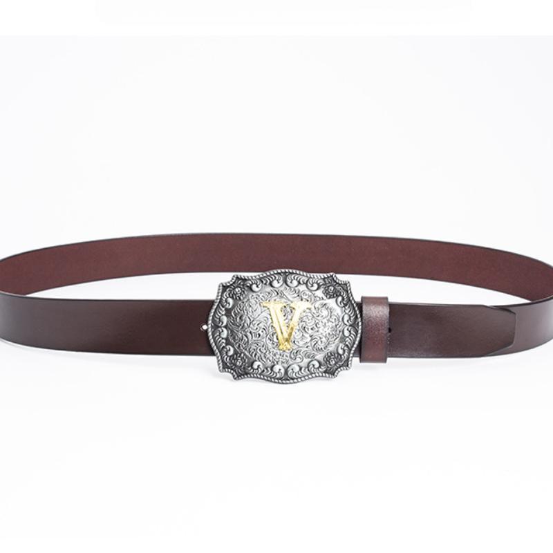 Letter Buckle Belt Men's Whole Cowhide Casual Retro T Buckle Belt Cowhide Black Decorative Fashion Wide Pants Belt Men