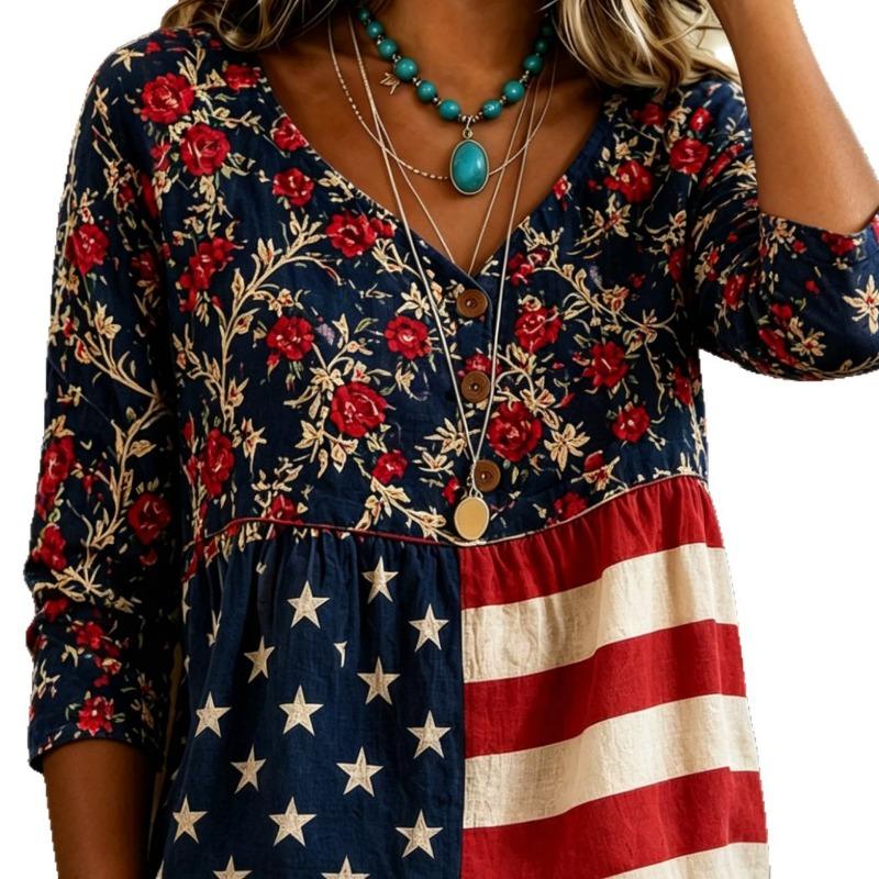 Women S V Neck Printed Loose 3 4 Sleeve Casual Top