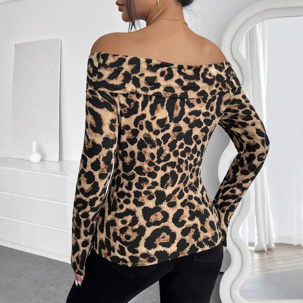 Spring New Sexy Leopard Print Off Shoulder Long Sleeve T-Shirt Top For Women