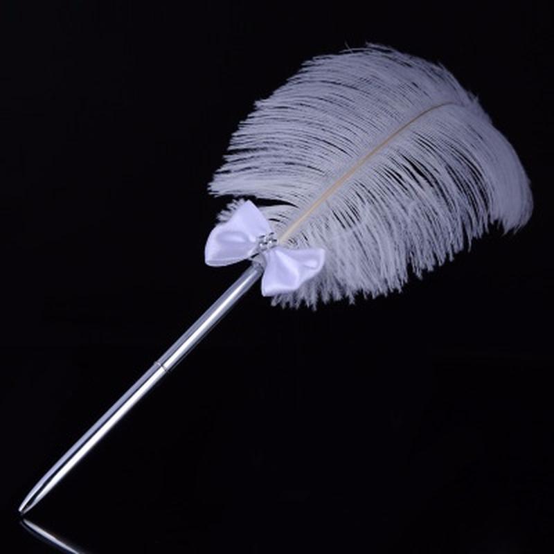 

1Pc White Long Ostrich Feather Quill Rhinestone For Wedding Guest Book Signing Pen