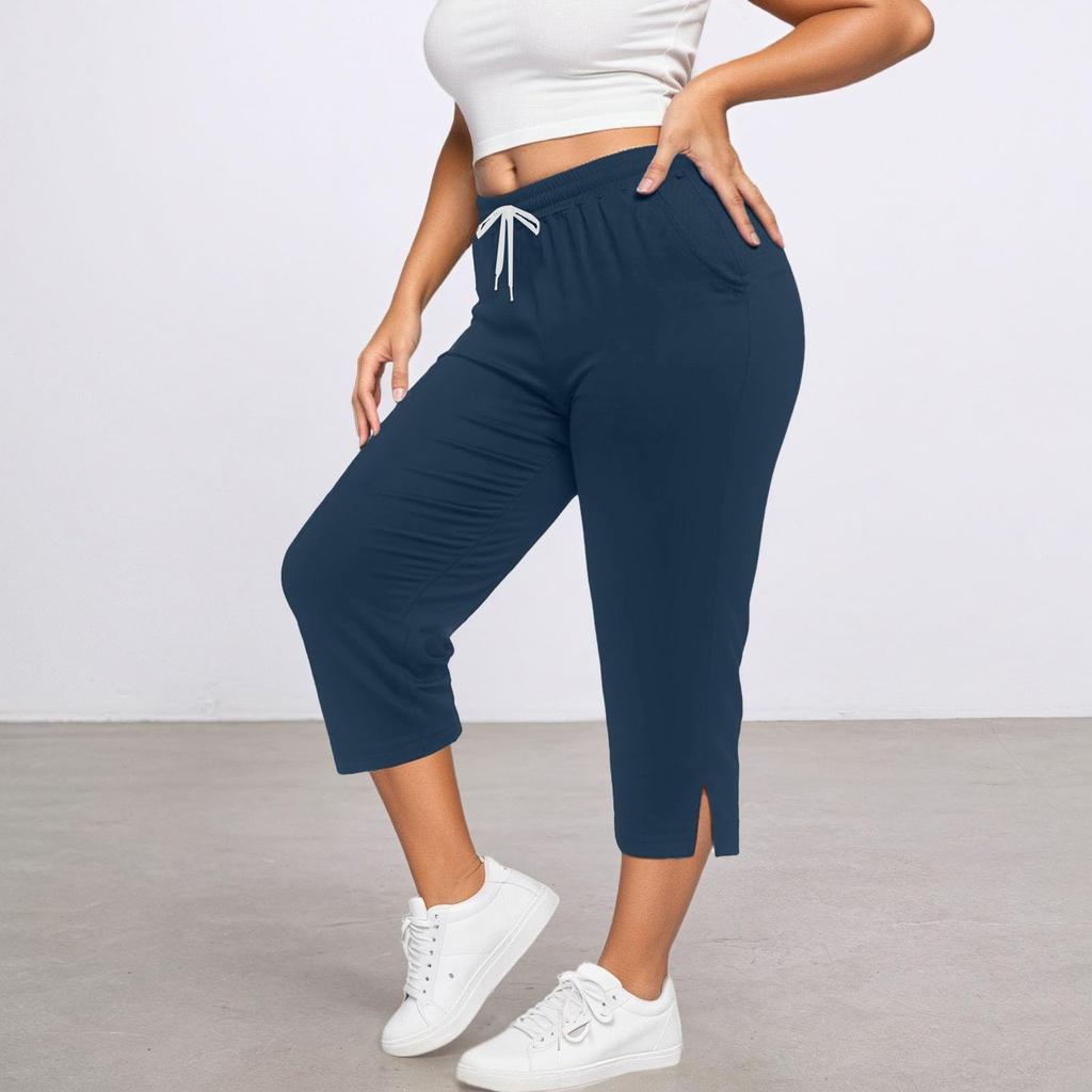 Women's Cropped Pants Casual Drawstring Waist Loose Yoga Sports Pants With Pocket Cuff Slitted Sports Pants