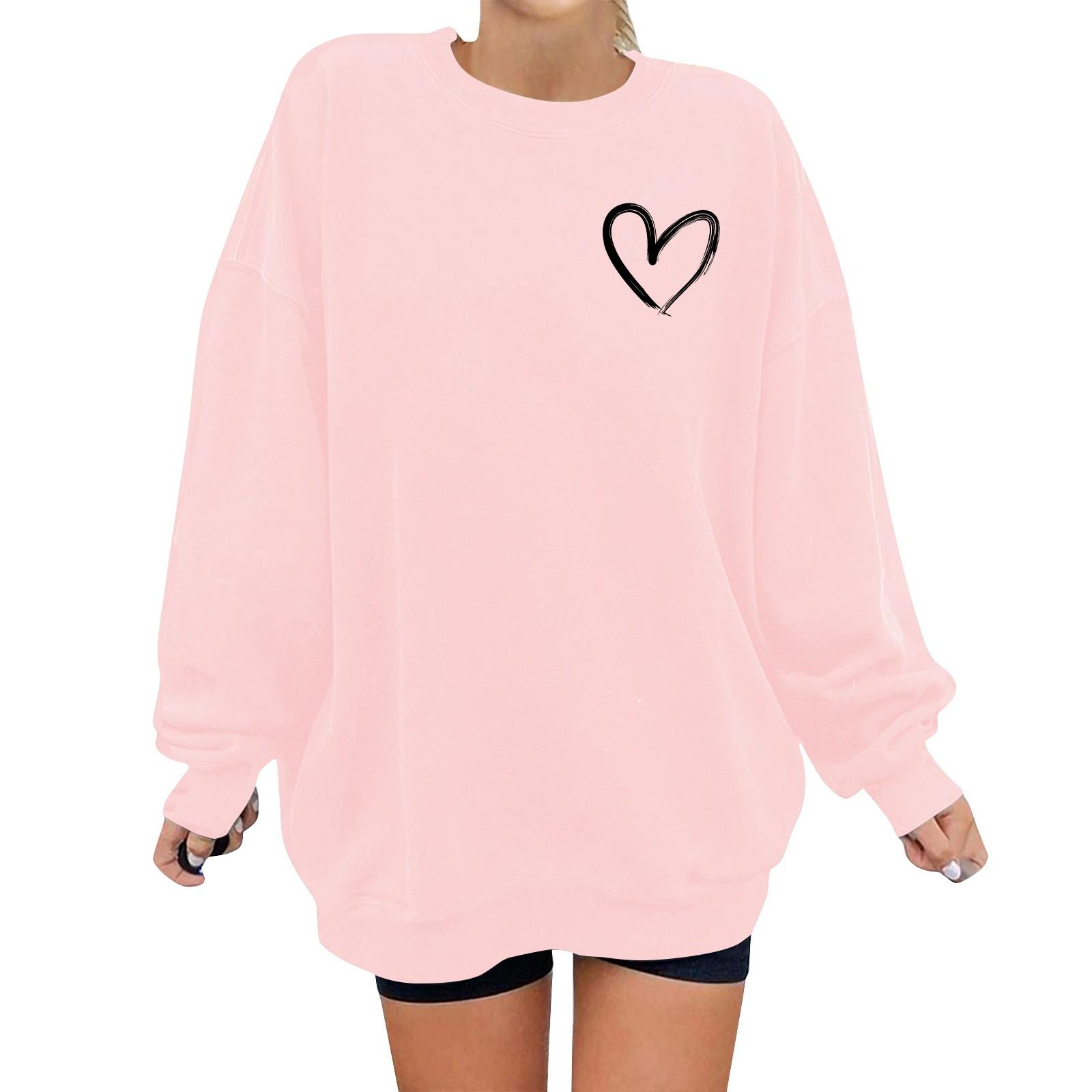 

Unisex Heart Print Pullover Round Neck Drop Shoulder Long Sleeve Top XXL розовый