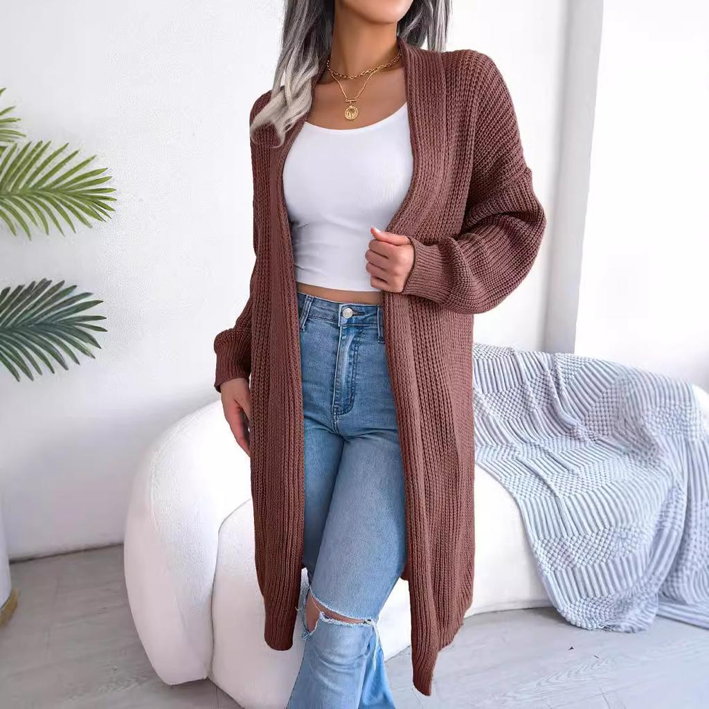 Autumn and winter European and American sweaters and cardigans solid color loose fashion casual buckle-free medium and long jackets