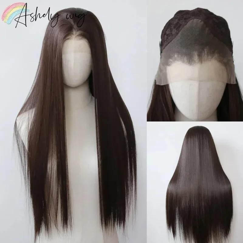 

13*4 Dark Brown Synthetic Lace Front Wigs Chocolate Brown Long Straight Lace Front Wig for Women Pre Plucked Natural Hairline (as the picture,18inches)