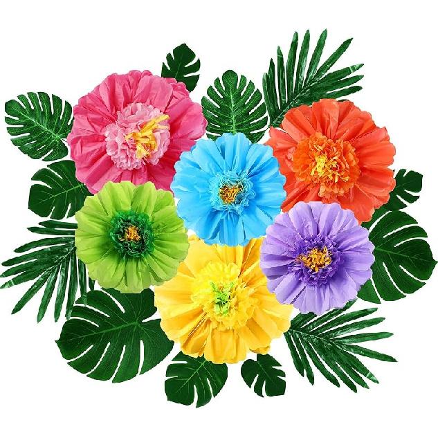 Lincia 40 Pcs Hawaiian Hibiscus Decorations Large Paper Flowers and Artificial Tropical Leaves, 24 /12 Jumbo 3D Chroma Paper Flowers Faux Leaves Classic Color