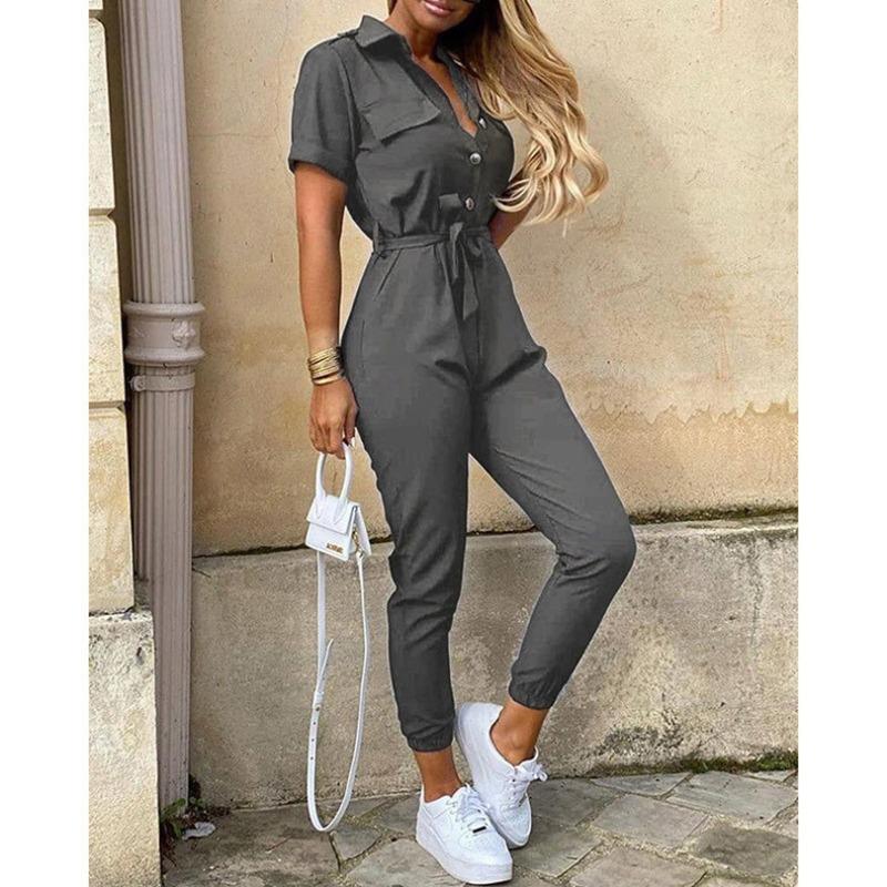 BITCED Women's Fashion Casual Short Sleeve POLO Neck Jumpsuit