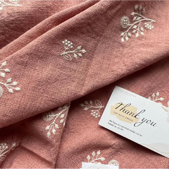 CraftDesignL Floral Cotton Embroidered Japanese Fabric for Quilting, Designer Linen Cotton by Yard (Pink)