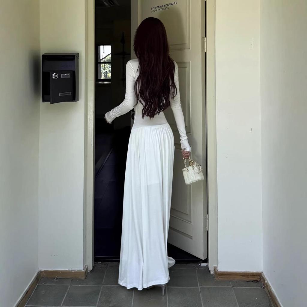 Women's Sexy White V-Neck Retro Lace Patchwork Long-Sleeve Dress - 2026 Early Spring Collection