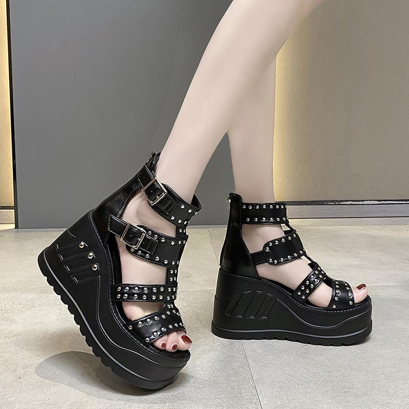 Fashion 10CM Gladiator Wedge Sandals Women's New Summer Fish Mouth Hollow Waterproof Rivet Platform Heightened Roman Sandals Punk Boots
