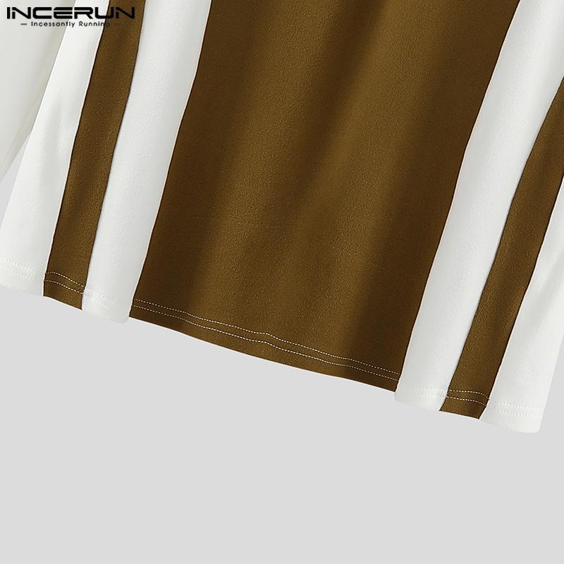 INCERUN Men Mockneck Long Sleeve Patchwork Zipper Casual Fitted Pullover Tops