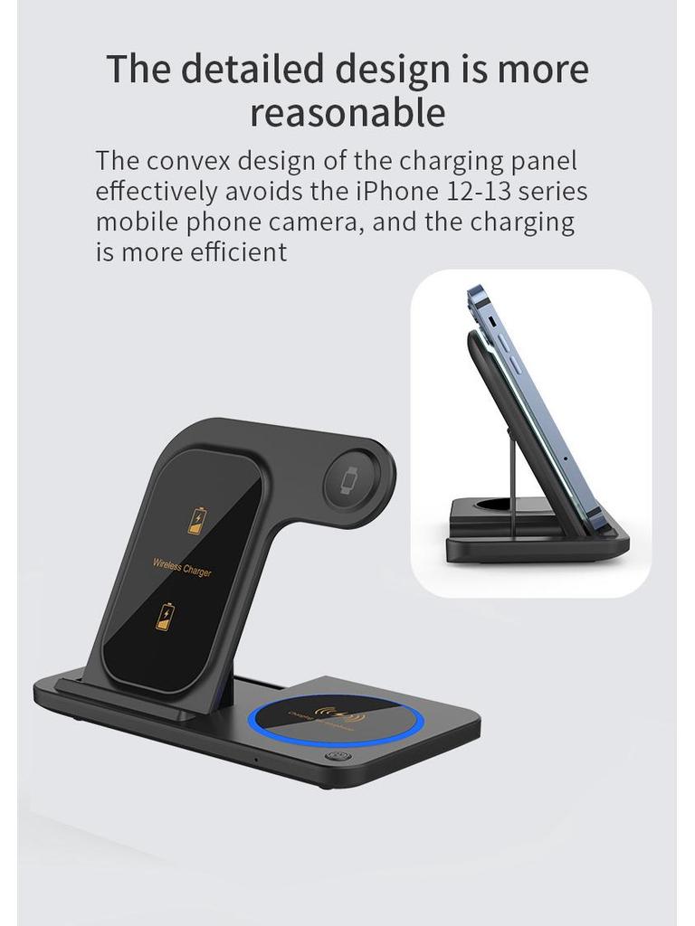 3-in-1 Multifunctional Earphone Watch Stand with Double Coil Wireless Charger and Light Folding Feature.