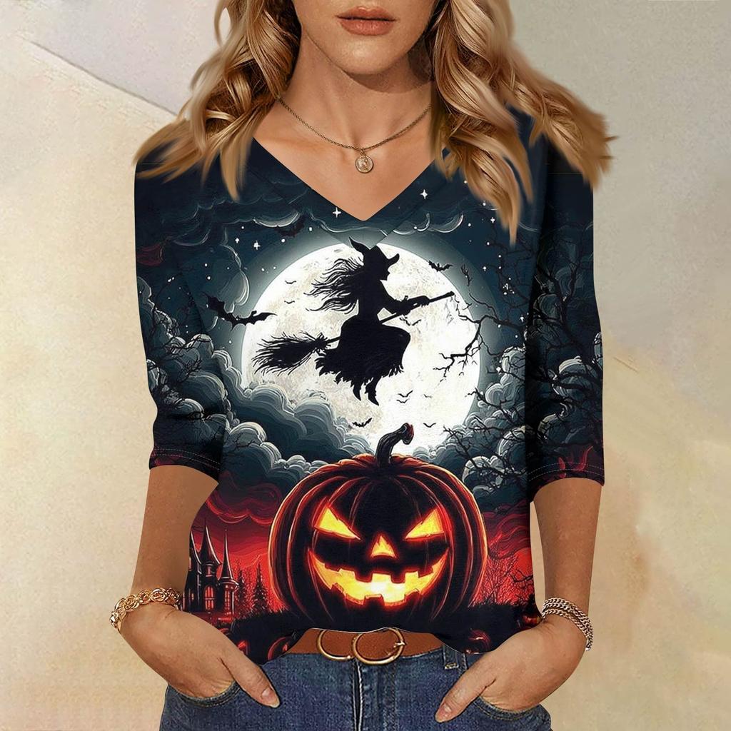 Damenoberteile Dreiviertelarmhemd V-Ausschnitt Lockeres Freizeitshirt Druck T-Shirt
