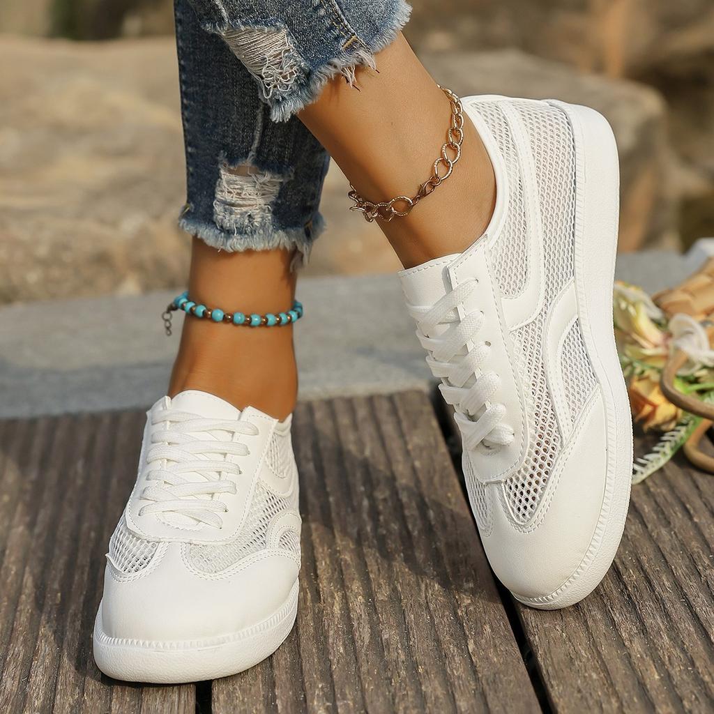 Women's Wide Width Mesh German Trainers - Hollow Out Design Casual Sneakers for Summer, Breathable Low-Top Lace-Up Flats