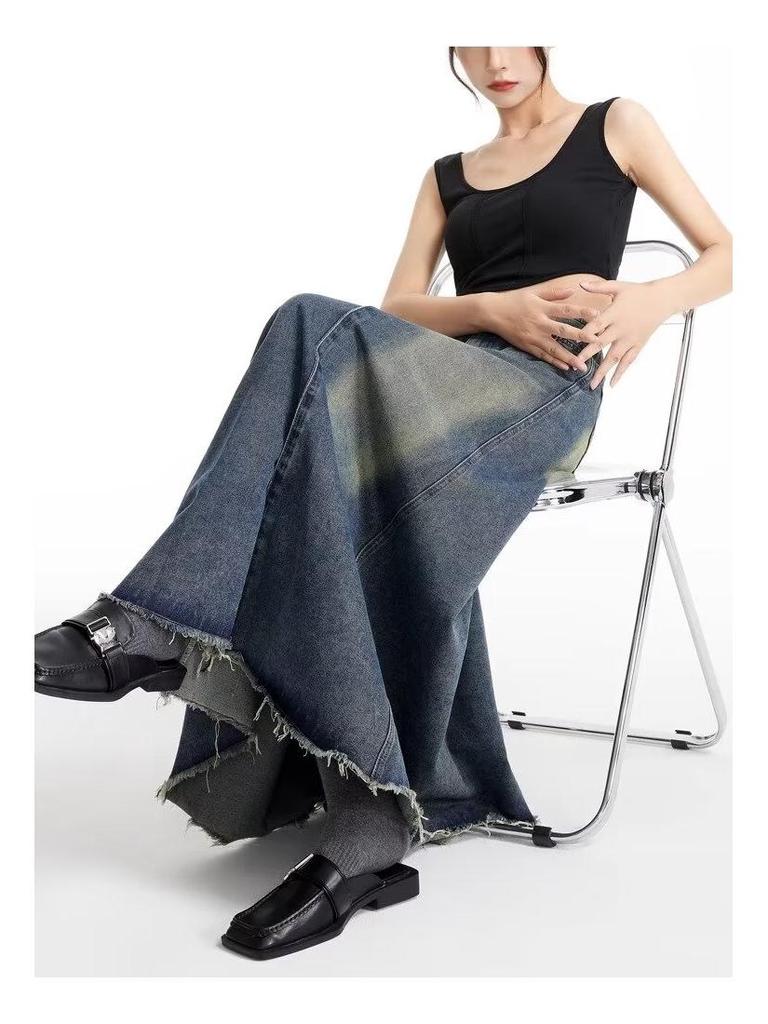 Women's Retro High-Waisted Denim A-Line Skirt - Summer, Washed Blue, Knee-Length