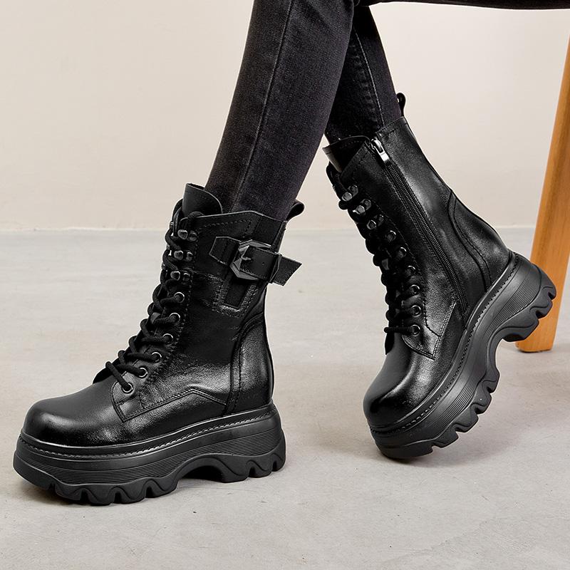 Fashion GKTINOO Retro Style Women High Heel Genuine Leather Mid-Calf Boots 2025 Autumn Winter Warm Platform Booties Zip Zapatos Mujer
