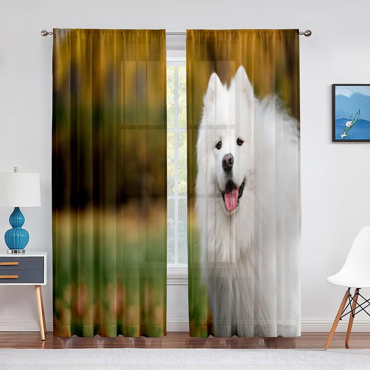 

Милая самоедская собака с цветочной веткой, тюлевые шторы для гостиной, окна, спальни, кухни, декор, роскошные прозрачные шторы из вуали 1 PCS W100XH250cm&Grommet Top