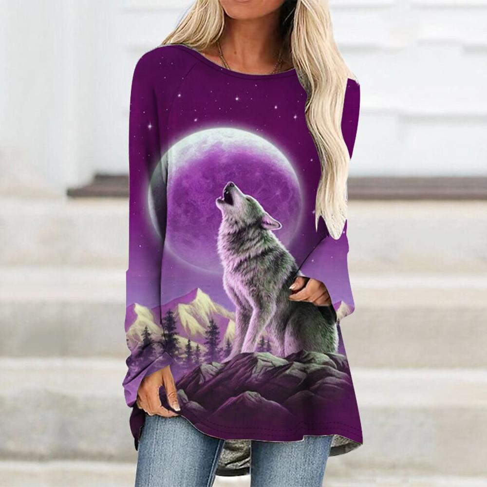 

Женская футболка с длинными рукавами и изображением волка для женщин и девочек, осенне-зимняя одежда, футболка оверсайз с 3D принтом, футболки с круглым вырезом 6XL