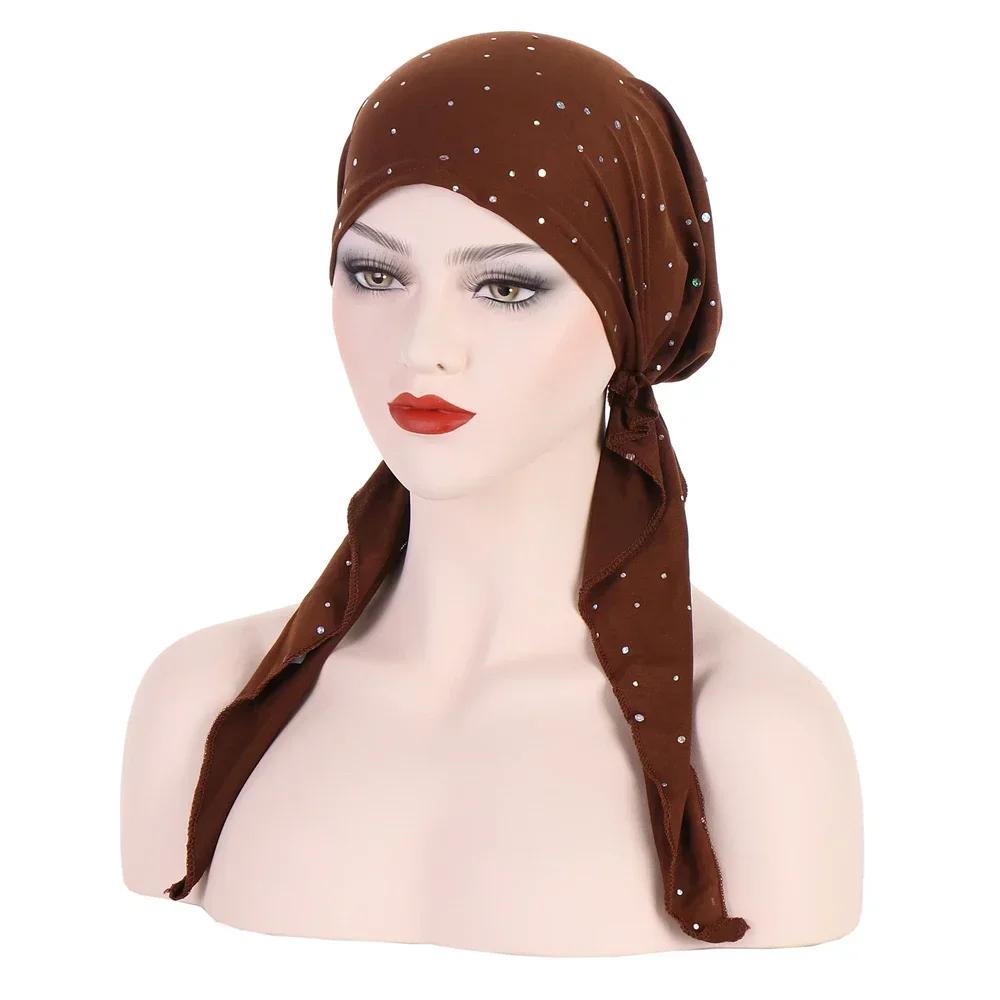 New Shimmer Pre-Tied Hat Women Muslim Hijab Turban Long Tail Headscarf Beanies Bonnet Hair Loss Chemo Cap Head Wrap Bandanas