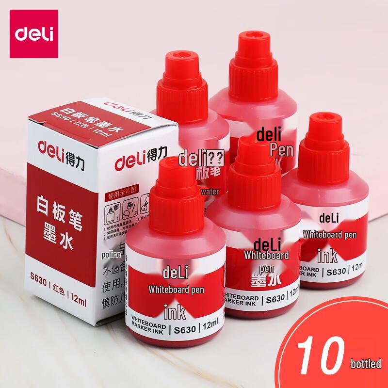 Deli S630 12ml Red Refillable Whiteboard Marker Ink - 10-Pack