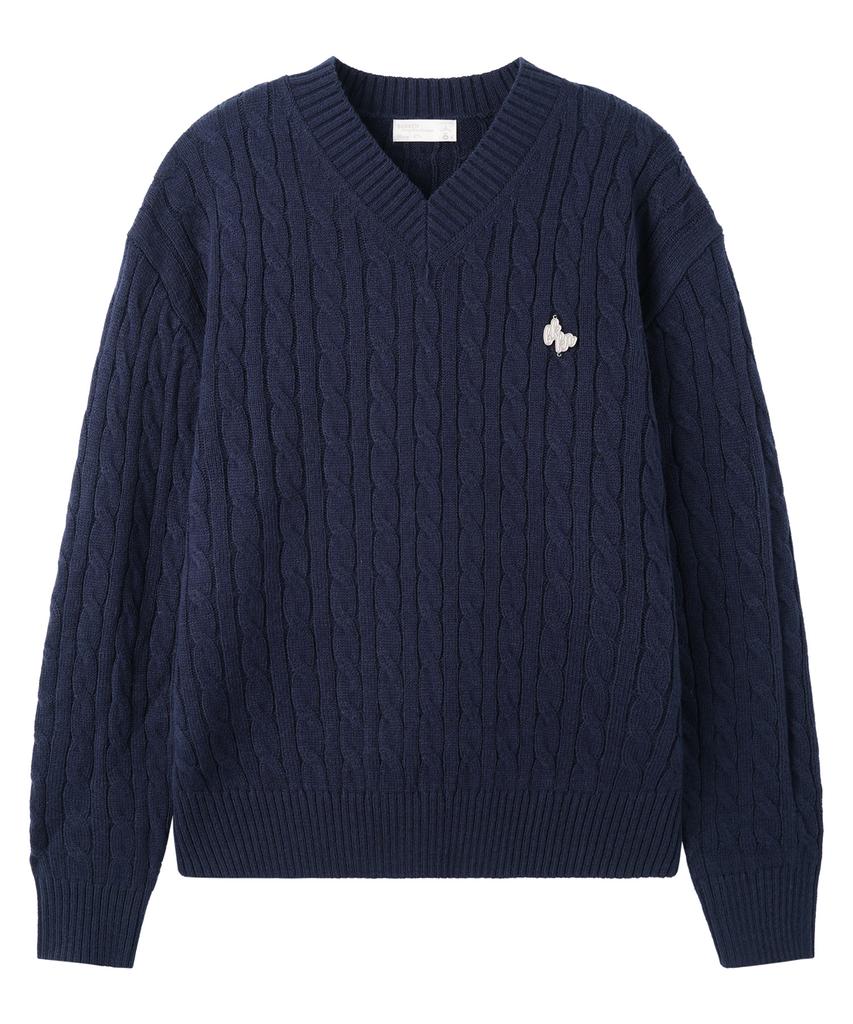 BAKKEN Point Logo Pendant V-Neck Cable Knit Bk8941_Navy