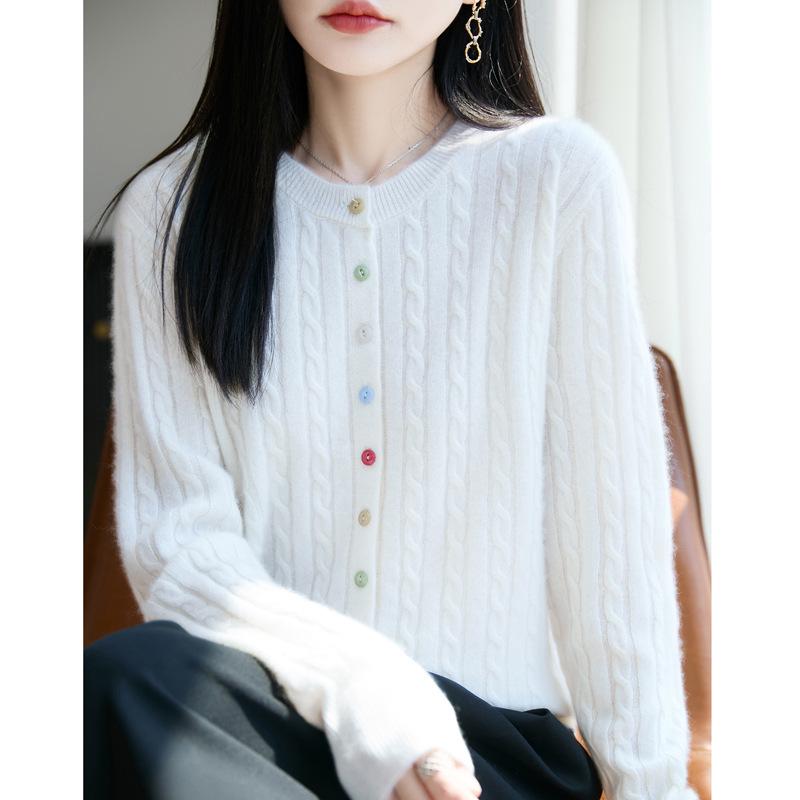 Women's 100% Pure Wool Cardigan with Colorful Buttons, Cable Knit, Loose Fit, Round Neck, Long Sleeve Base Layer Sweater