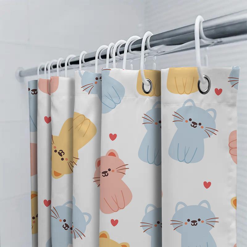 Adorable Cats Print Shower Curtain Set Blue, Pink Yellow Colors With Love Hearts Pattern For Bathroom Decor
