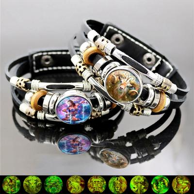 Glow In The Dark Zodiac Bracelet For Men And Women Multi Layer Leather Punk Beaded Hand Jewelry Birthday Gift