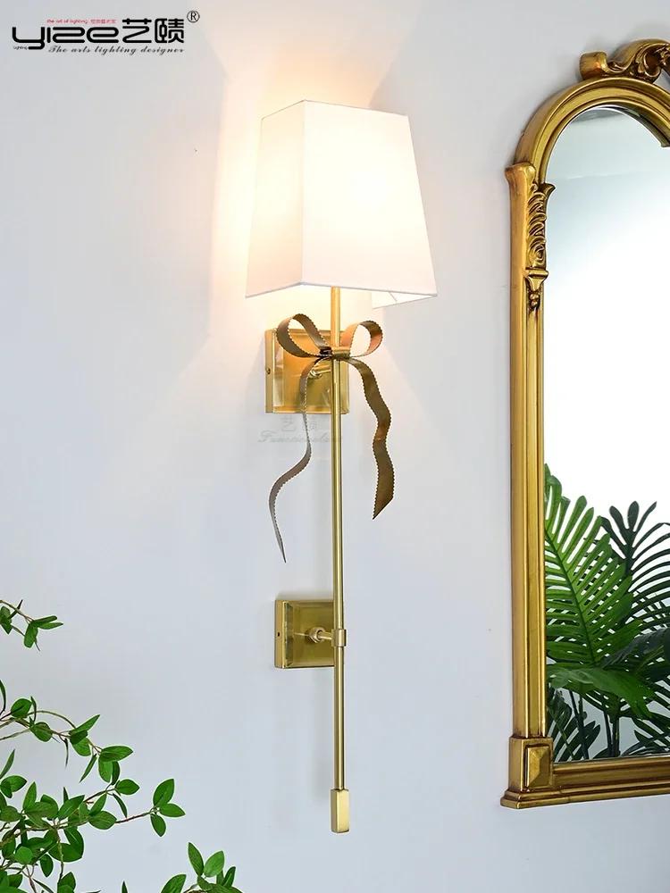 Large Retro Copper Ribbon Wall Light for Living Room Princess Bow Light Big Black/Biege Fabric Lampshade LED Wall Fixtures