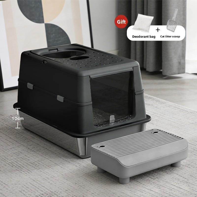 Stainless Steel Closed Cat Litter Box, Fully Closed Flip, Oversized, Heightened and Thickened Anti-splash Top-entry Cat Toilet