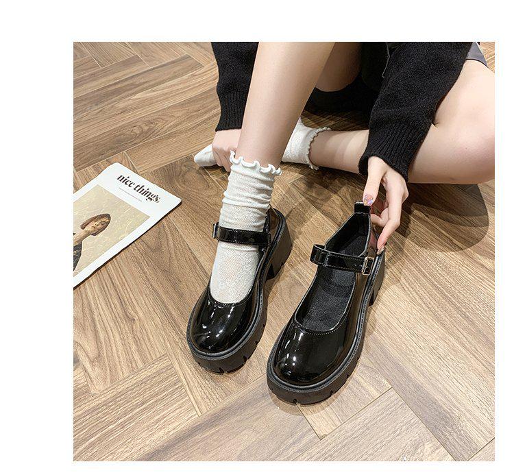 Women's Patent Leather Mary Jane Loafers - Spring 2022 British College Style, High Heel, Round Toe, Thick Sole