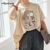 Koreańska Moda Duże Rozmiary Letnia Damska Podstawowy Top Krótki Okrągły Dekolt Morelowy Szary Biały Nadruk z Literami Oversize T-shirt Rękawy nietoperzowe Casual Luźny Bawełniany T-shirt