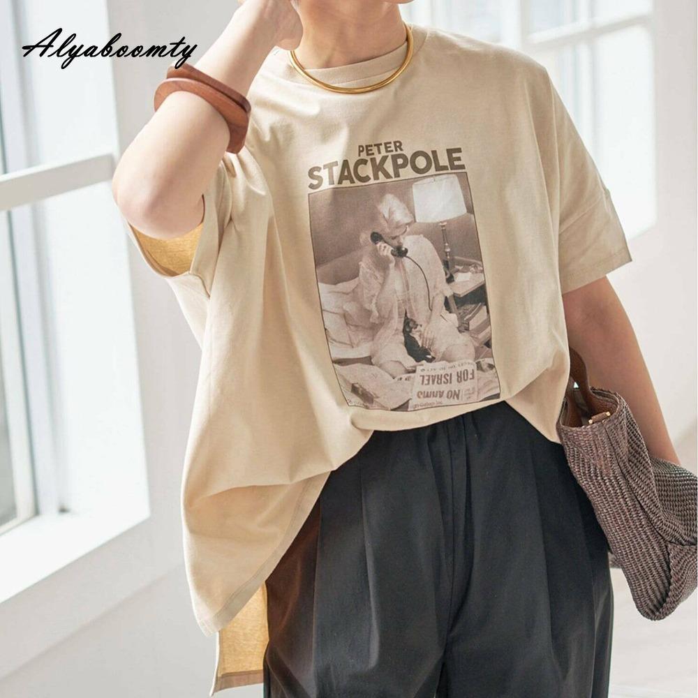 Koreańska Moda Duże Rozmiary Letnia Damska Podstawowy Top Krótki Okrągły Dekolt Morelowy Szary Biały Nadruk z Literami Oversize T-shirt Rękawy nietoperzowe Casual Luźny Bawełniany T-shirt