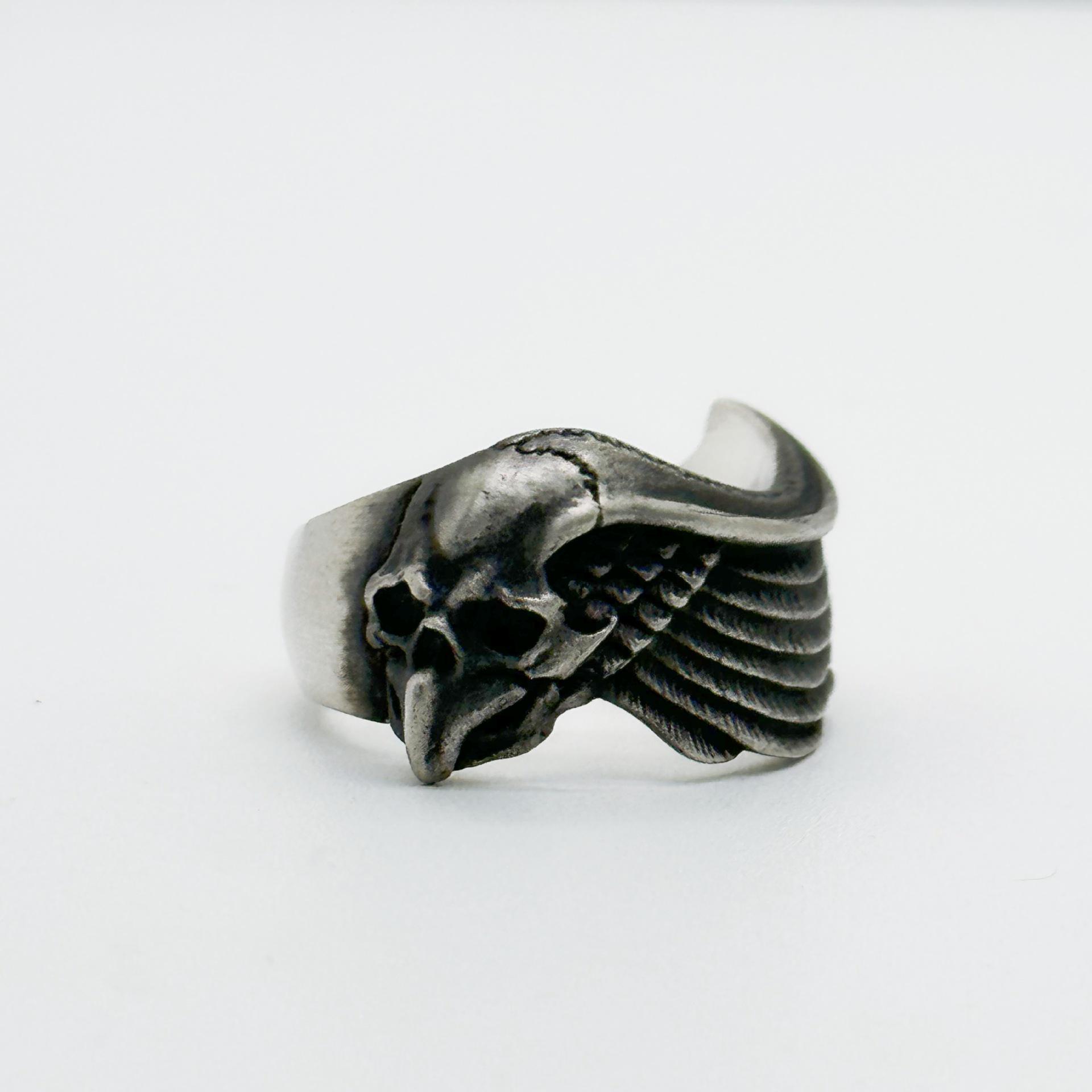 Yin Taifei Retro Thai Silver Crow Skull Wing Ring - Openable Trendy Men s Ornament Adjustable