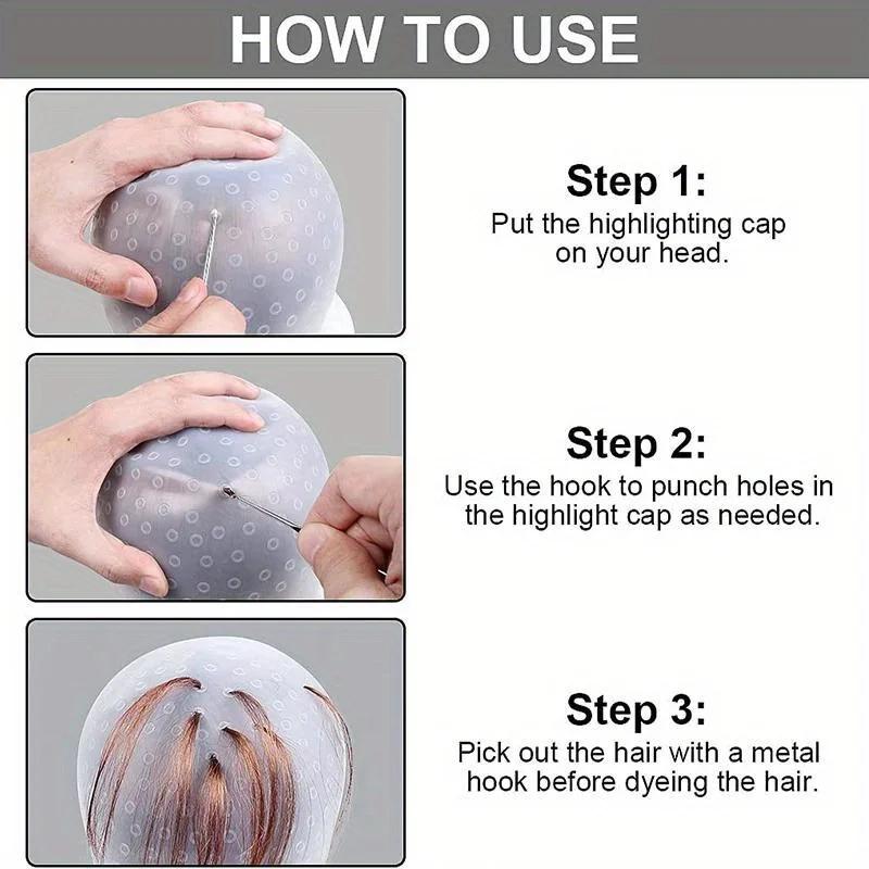 Touca de Silicone para Coloração de Cabelo Agulha de Gancho Profissional Tintura de Cor Mechas Reutilizável Conjunto Ferramentas para Descoloração Congelada Salão de Beleza