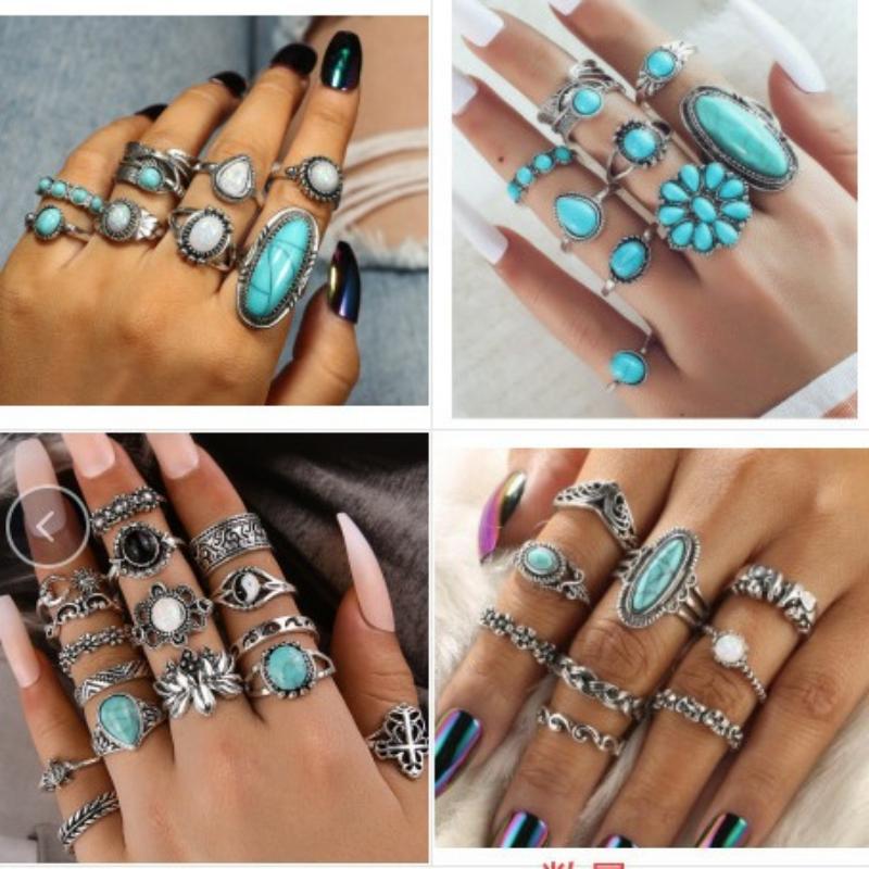 Retro Engraved Black Ring Turtle Flower Combination 16-piece Set for Women