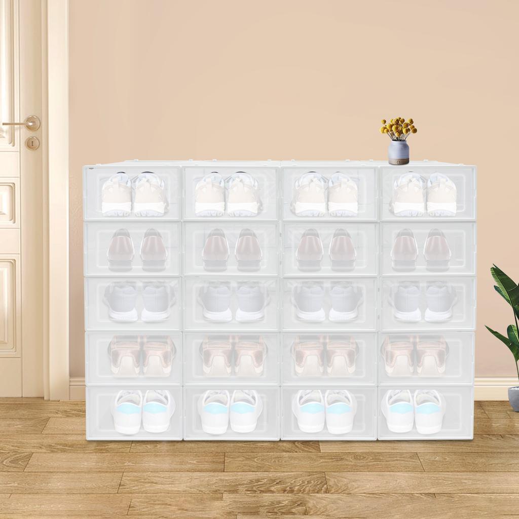 Stackable Plastic Shoe Storage Boxes, 20 Pack Clear Shoe Organizers with Opening Design, Space‑Saving Foldable Shoe Containers