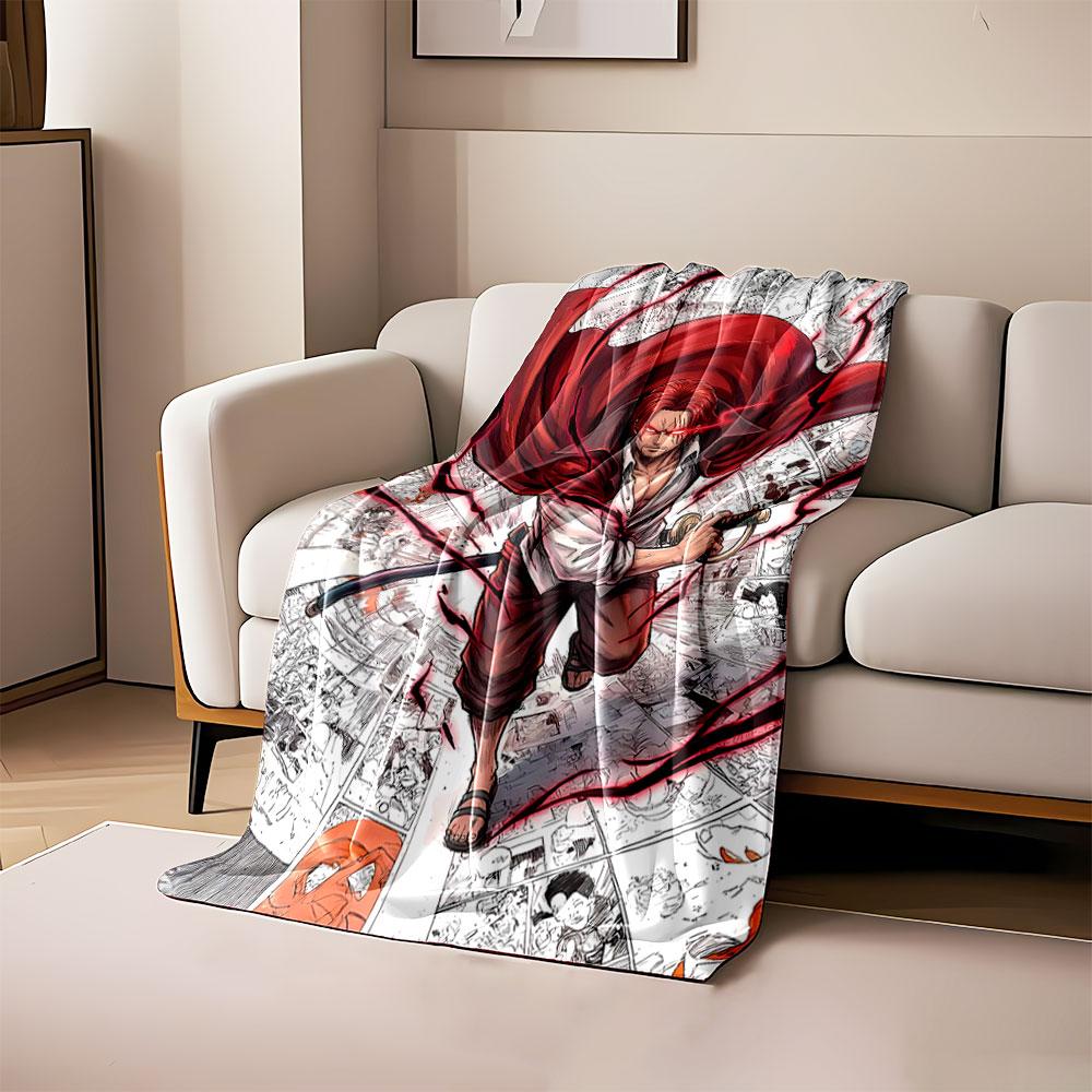 

A red-caped swordsman surrounded by dynamic lightning and manga panels. for all seasons blanket lunch break throw gift 80cm x 120cm