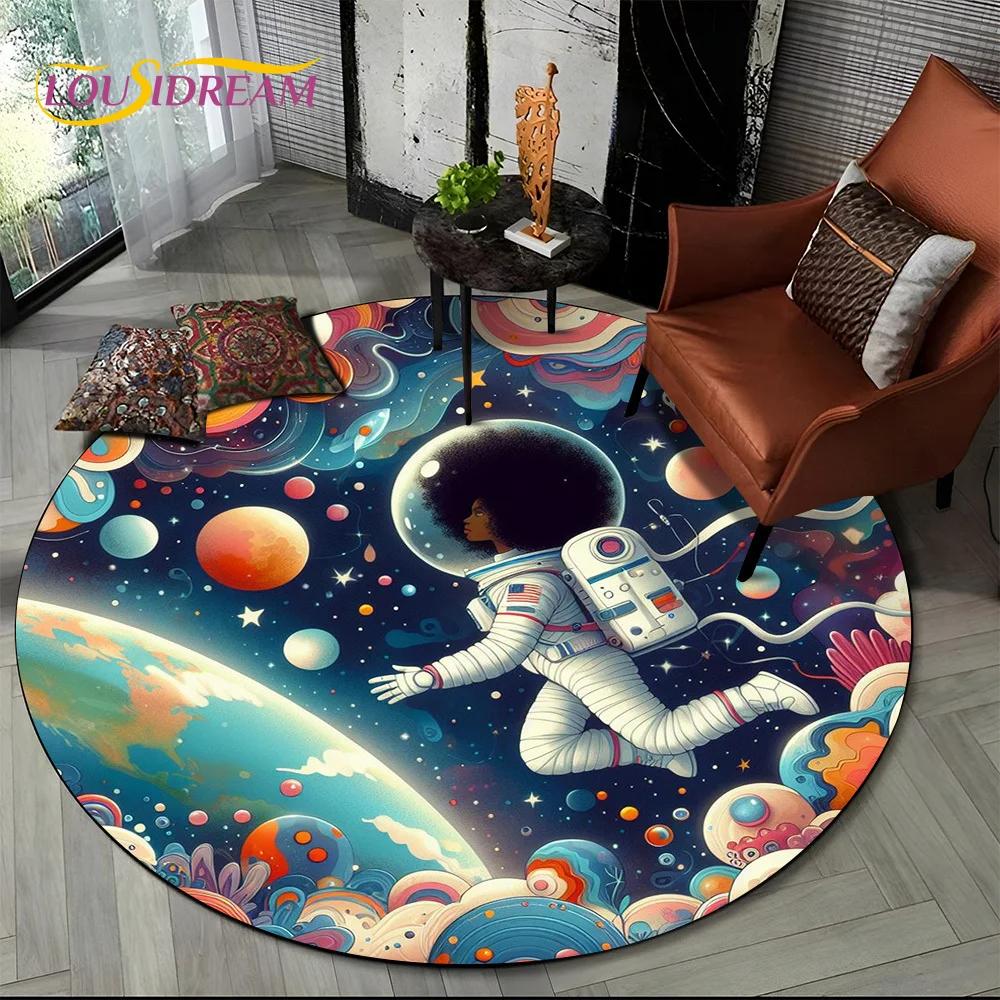 Astronaut Vesmír Kosmonaut 3D Vesmír Kreslený Kulatý Oblastní Koberec Kobereček pro Obývací Pokoj Ložnici Dětský Dekor, Podložka pro Domácí Zvířata Protiskluzová
