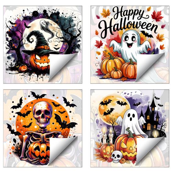 Creative Halloween Gift Ideas Static Window Clings, Watercolor Pumpkin Ghost Skull Decals, No Large Decals for Parties Glue Glass Stickers Living Room