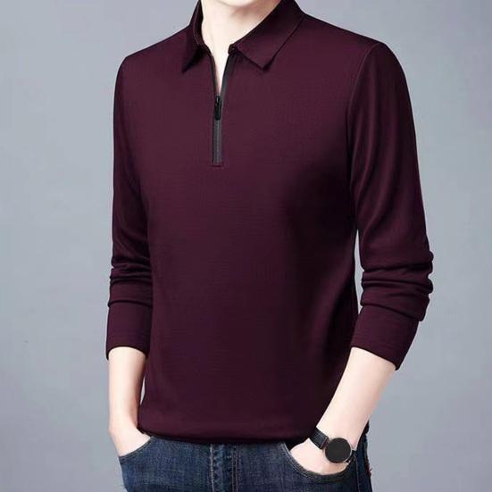 Camisa masculina de cor sólida, camisa de negócios com lapela, zíper, decote, manga comprida, pulôver, primavera, outono, slim fit, camiseta de trabalho