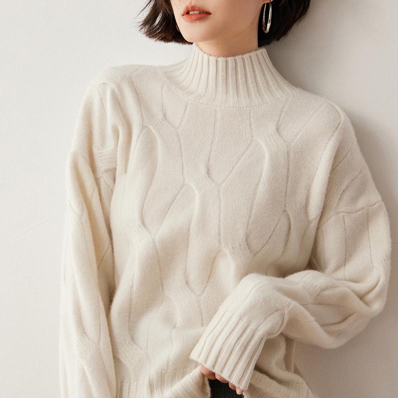 2026 Women's Plus Size Cable Knit Wool Sweater - Semi-High Neck, Thick and Loose Fit for Autumn/Winter