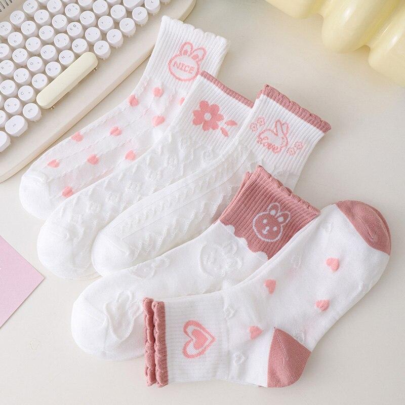 5 Pairs Women Middle Tube Socks Heart Cute Fashion Casual White Four Season Ruffles Pattern Pink Harajuku Kawaii Girls