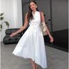 2024 Summer Women's Solid Color Sleeveless Stand-Up Collar Tie Waist Dress
