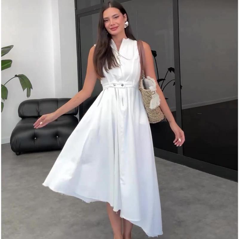 2024 Summer Women's Solid Color Sleeveless Stand-Up Collar Tie Waist Dress