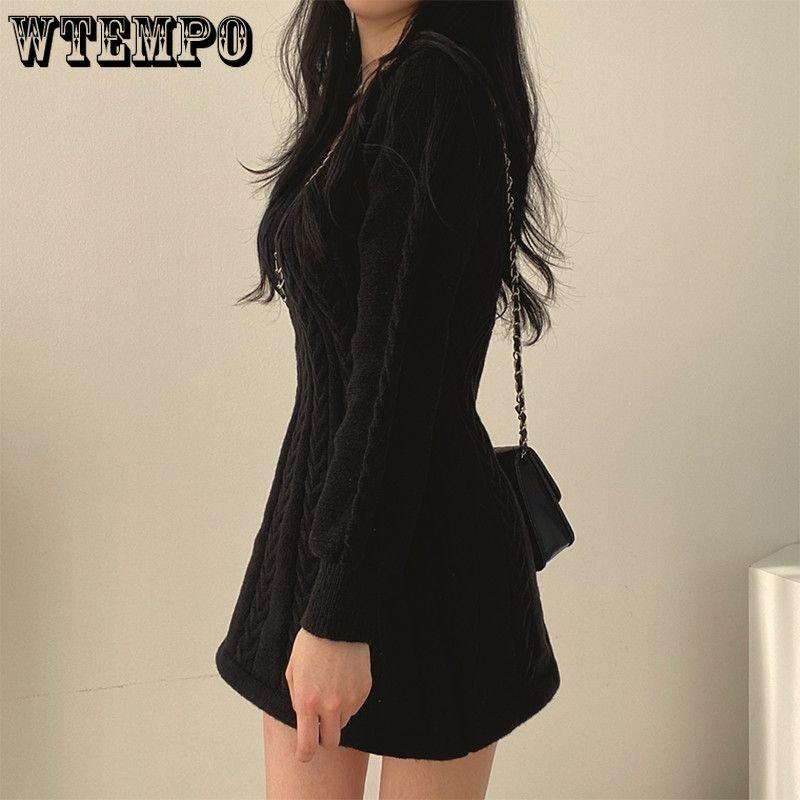 Spring and Autumn Women's V-neck Sweater Dress Knitted Waist Fashionable Lantern Long Sleeve A-line Dress