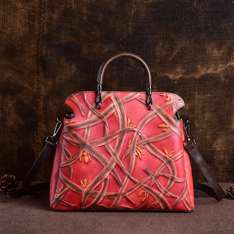 Johnature Luksus håndveske Damevesker Designer Retro Cow Leather Bag Håndlaget preget dame skuldervesker