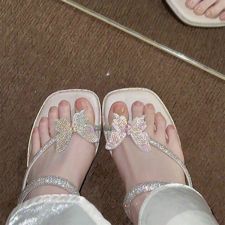 Butterfly rhinestone cool slippers women wear skirts in summer, fairy wind soft soles are not tired, thick heels pinch feet beach shoes